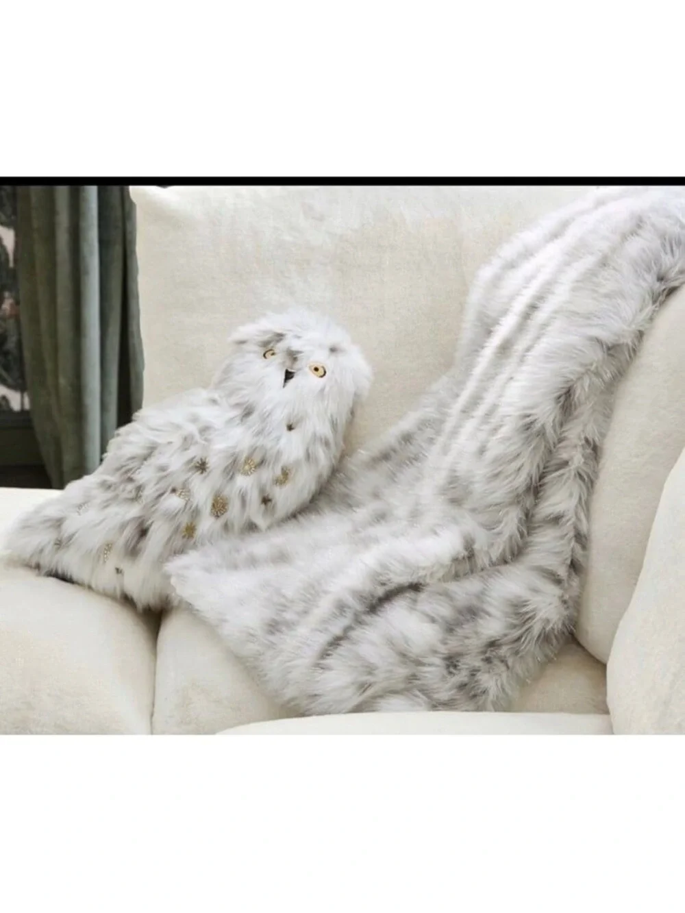 Pottery Barn Teen Hedwig White Faux Fur Owl Pillow with Gold Star Accents